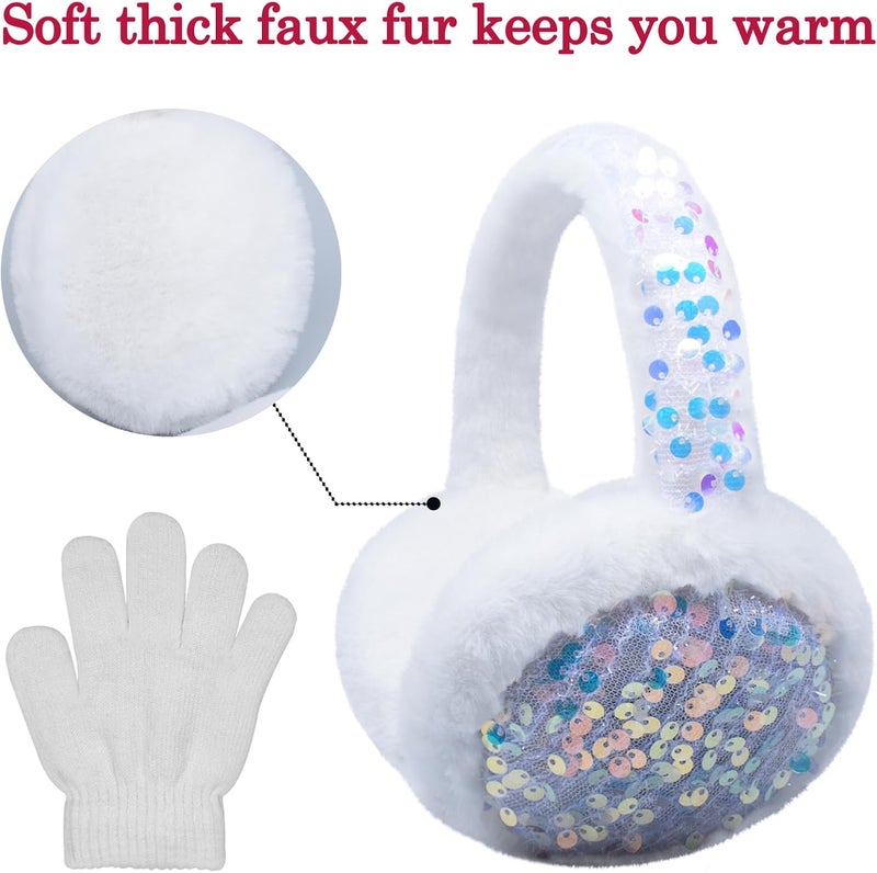 EDCYF Ear Muffs Gloves Set for Kids Girls Winter Ear Muffs Adjustable Sequins Warm Earmuffs Furry Outdoor - Image 4